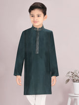 Printed rama green cotton silk kurta suit for boys