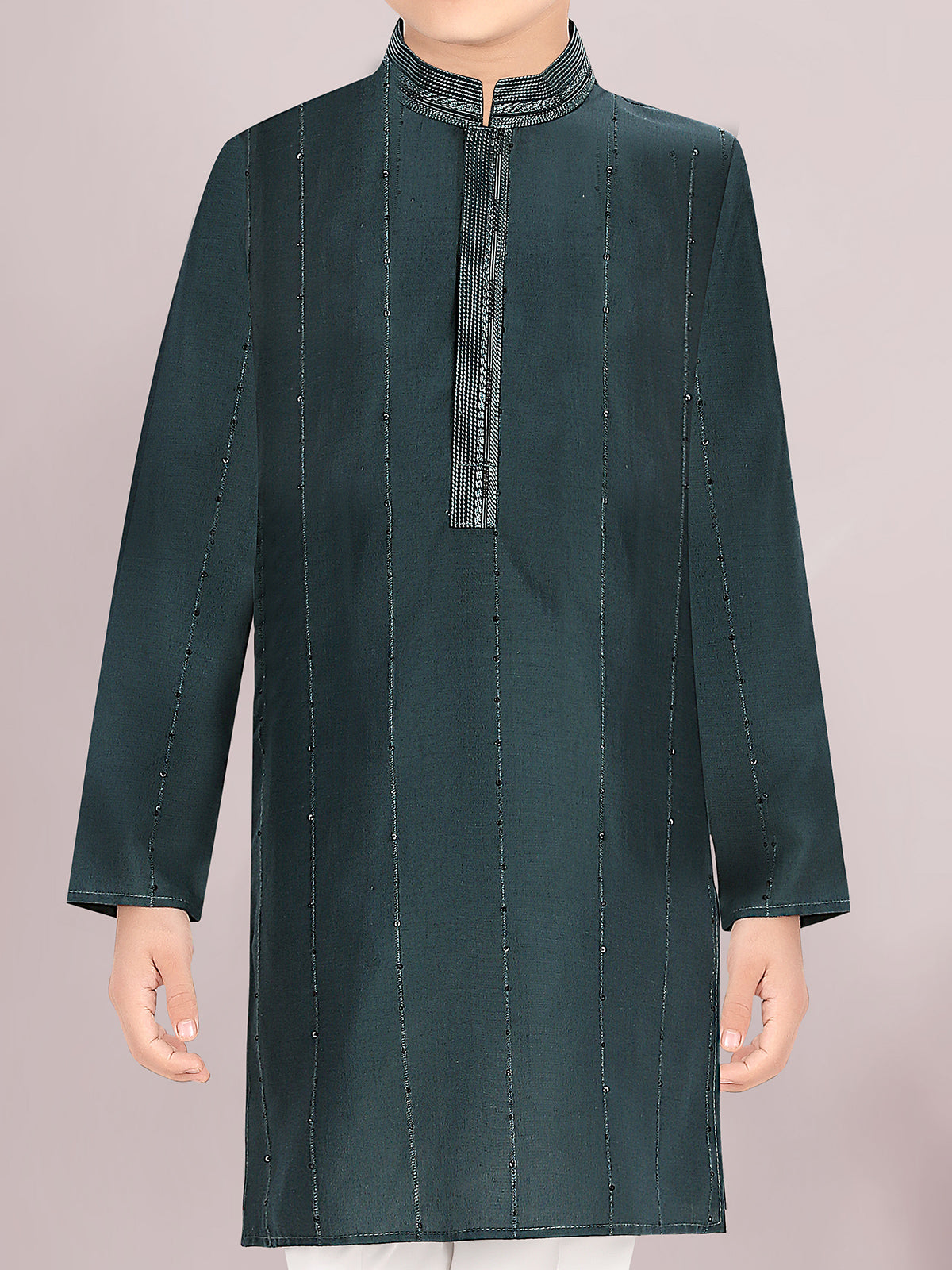Printed rama green cotton silk kurta suit for boys
