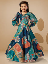 Printed rama green silk gown