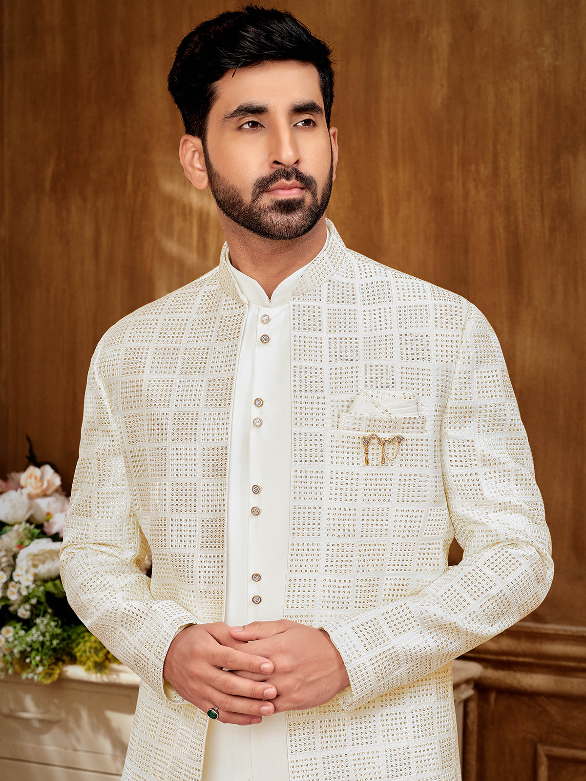 Pure white raw silk indowestern in fine cotton silk for men