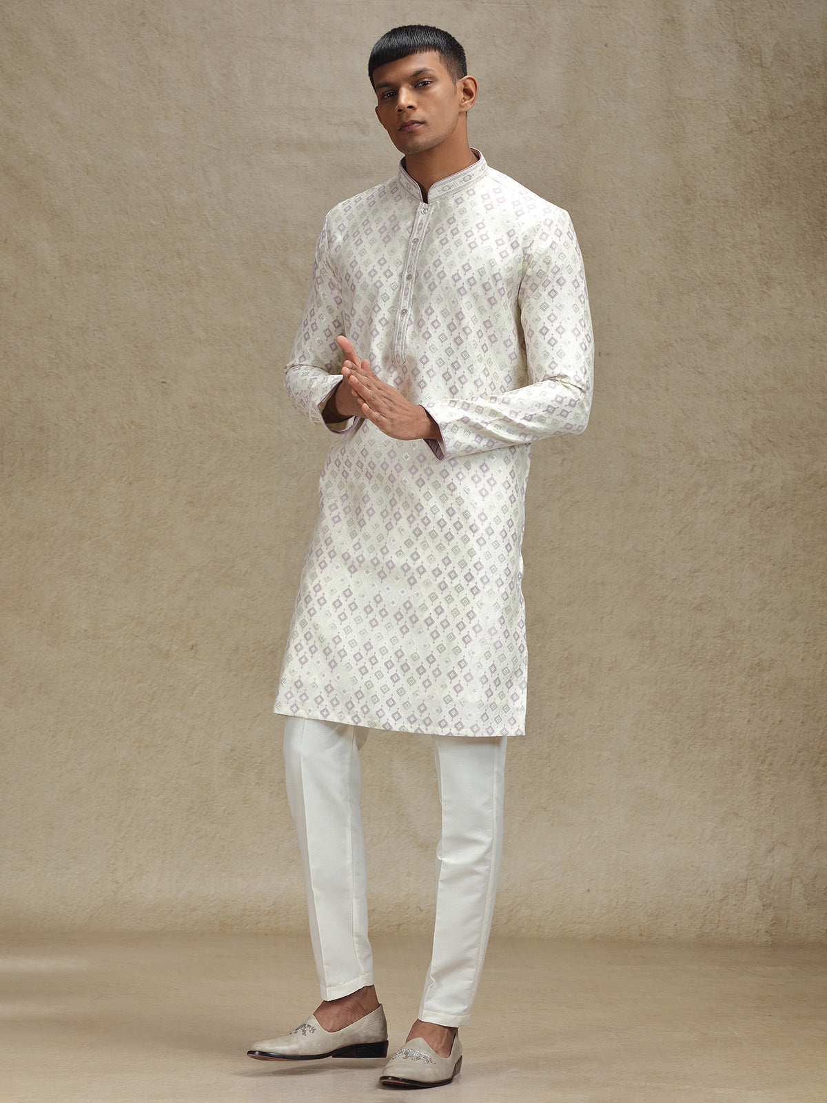Purple and cream kurta pajama set in zari