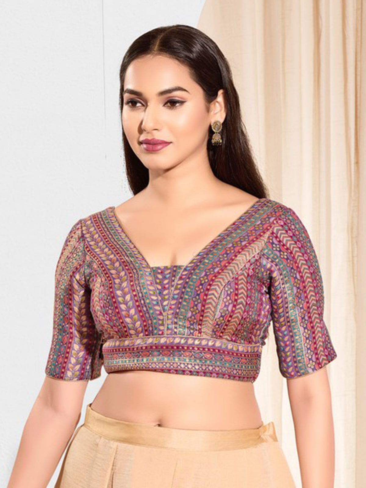 Purple brocade printed V neck elbow sleeve blouse