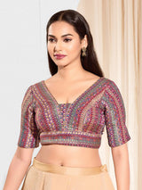 Purple brocade printed V neck elbow sleeve blouse