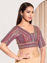Purple brocade printed V neck elbow sleeve blouse