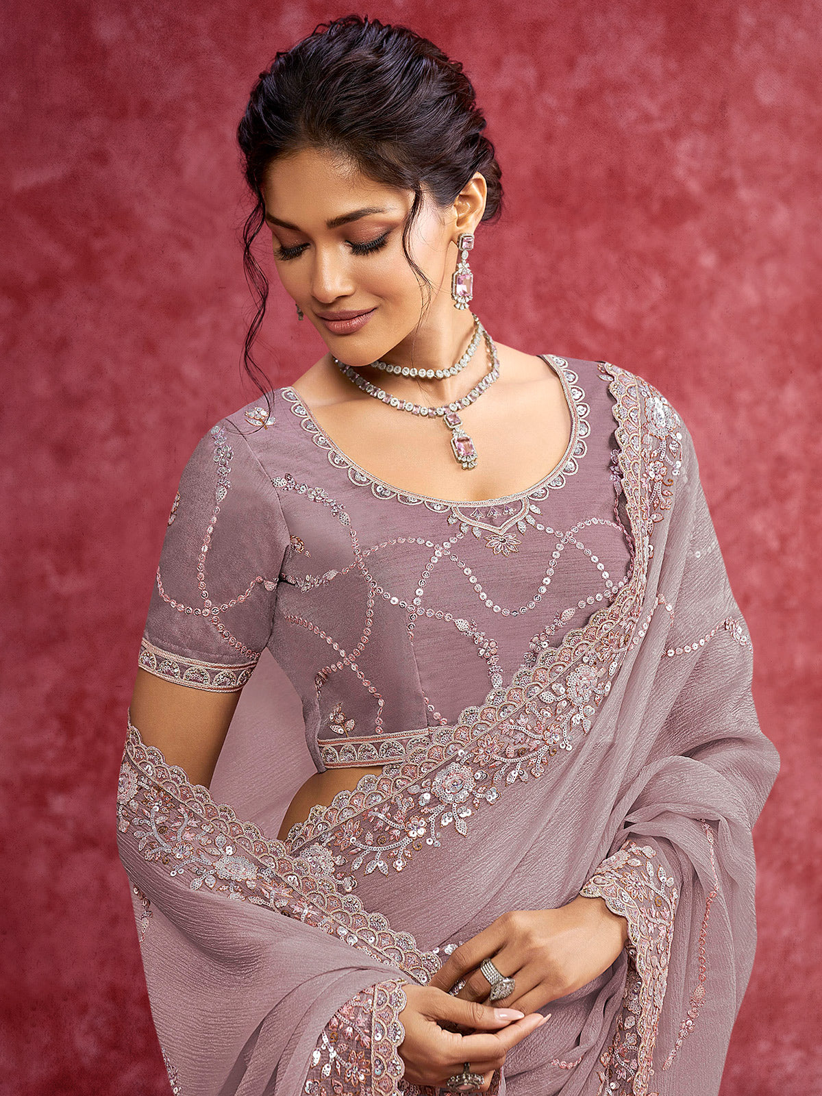 Purple chiffon saree with sequins work for elegant look