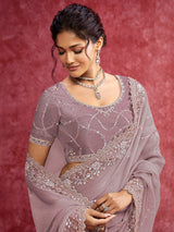 Purple chiffon saree with sequins work for elegant look