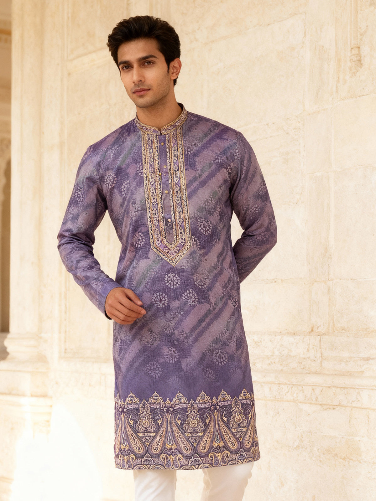 Purple cotton silk daman printed festive kurta suit