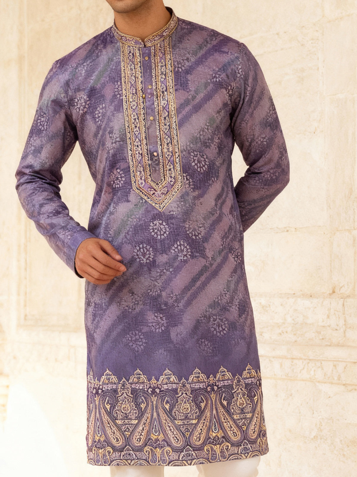 Purple cotton silk daman printed festive kurta suit