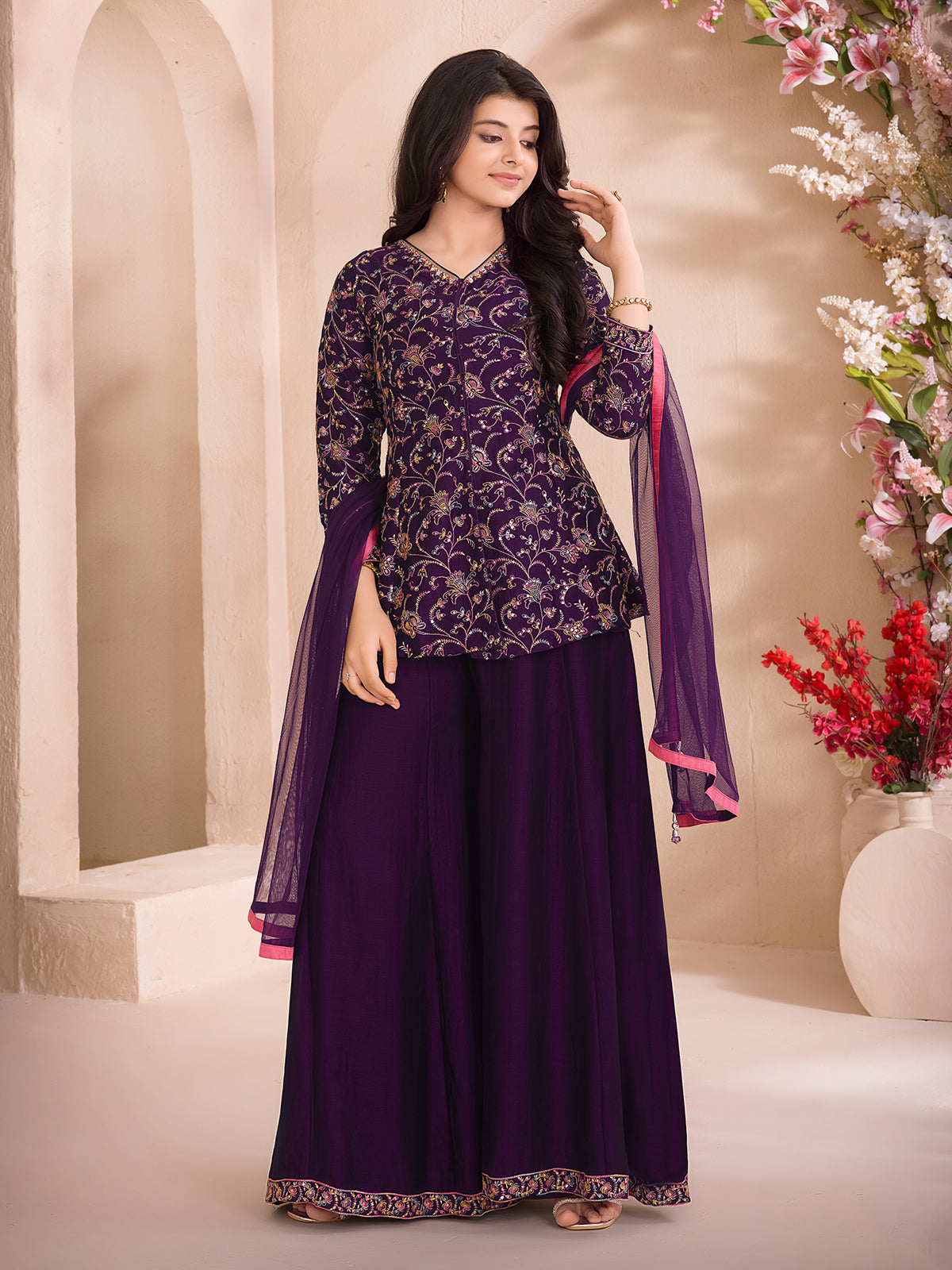Purple cotton silk festive palazzo salwar suit ensemble