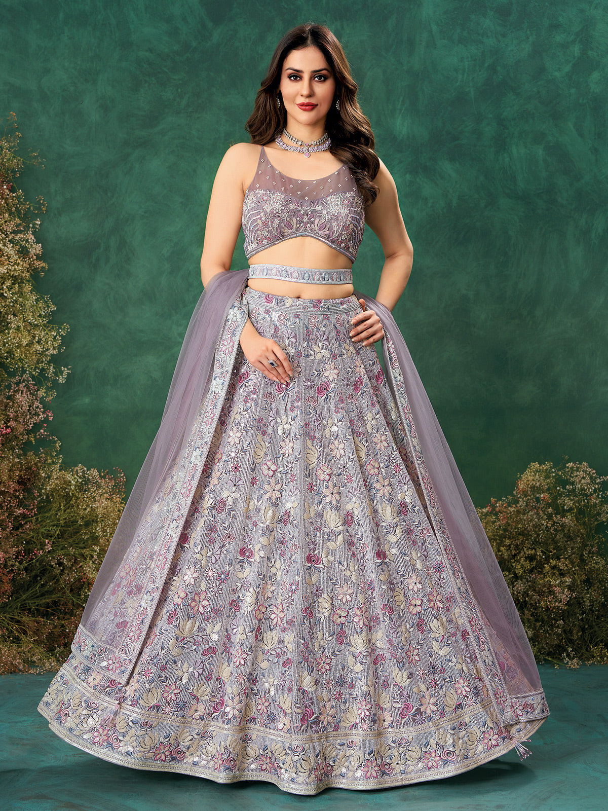 Purple net reception wear lehenga choli