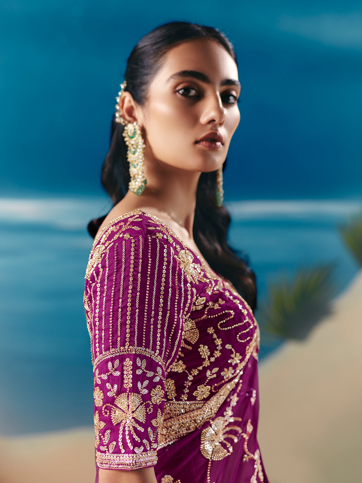 Purple satin organza embellished saree