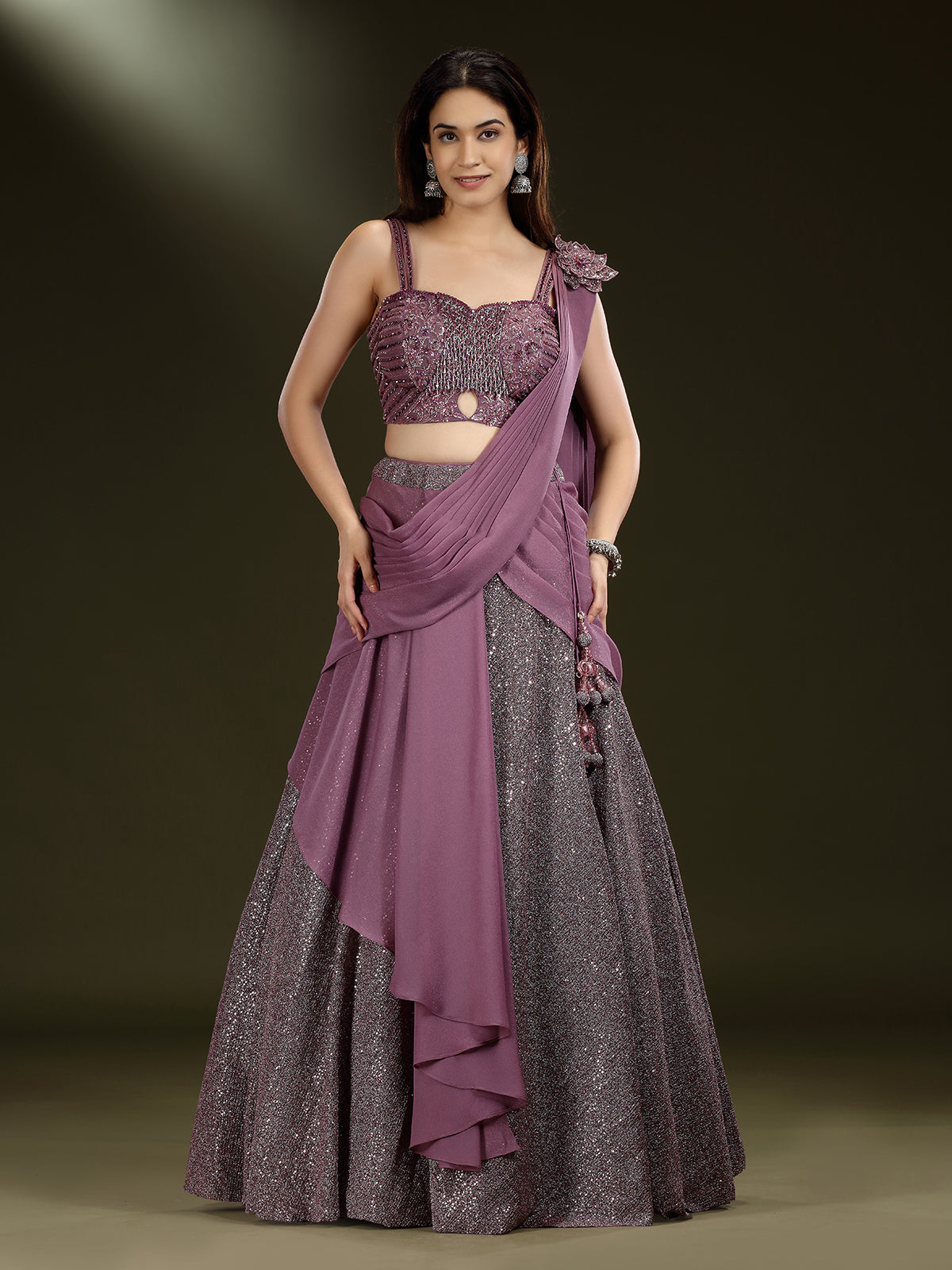 Purple sequins designer lehenga choli with attached dupatta