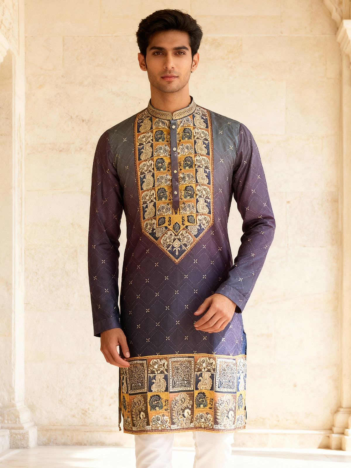 Purple shaded daman printed cotton silk kurta suit