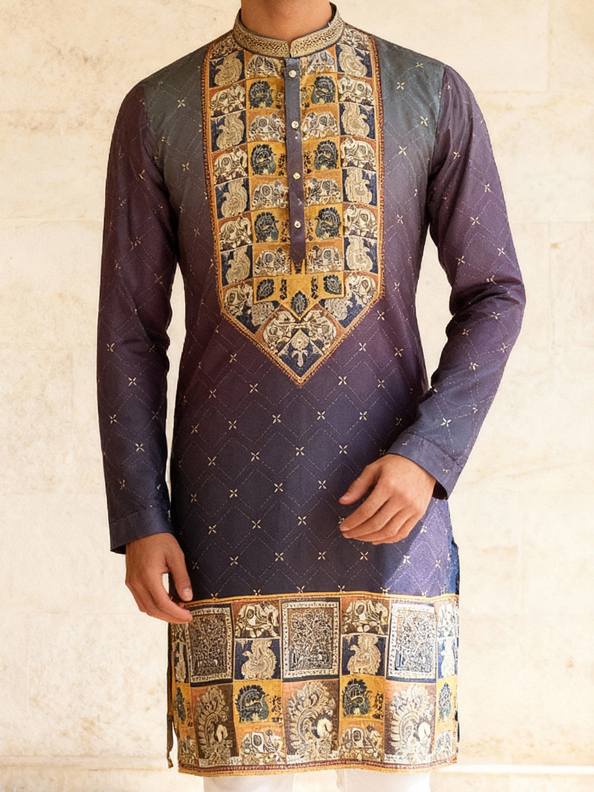 Purple shaded daman printed cotton silk kurta suit