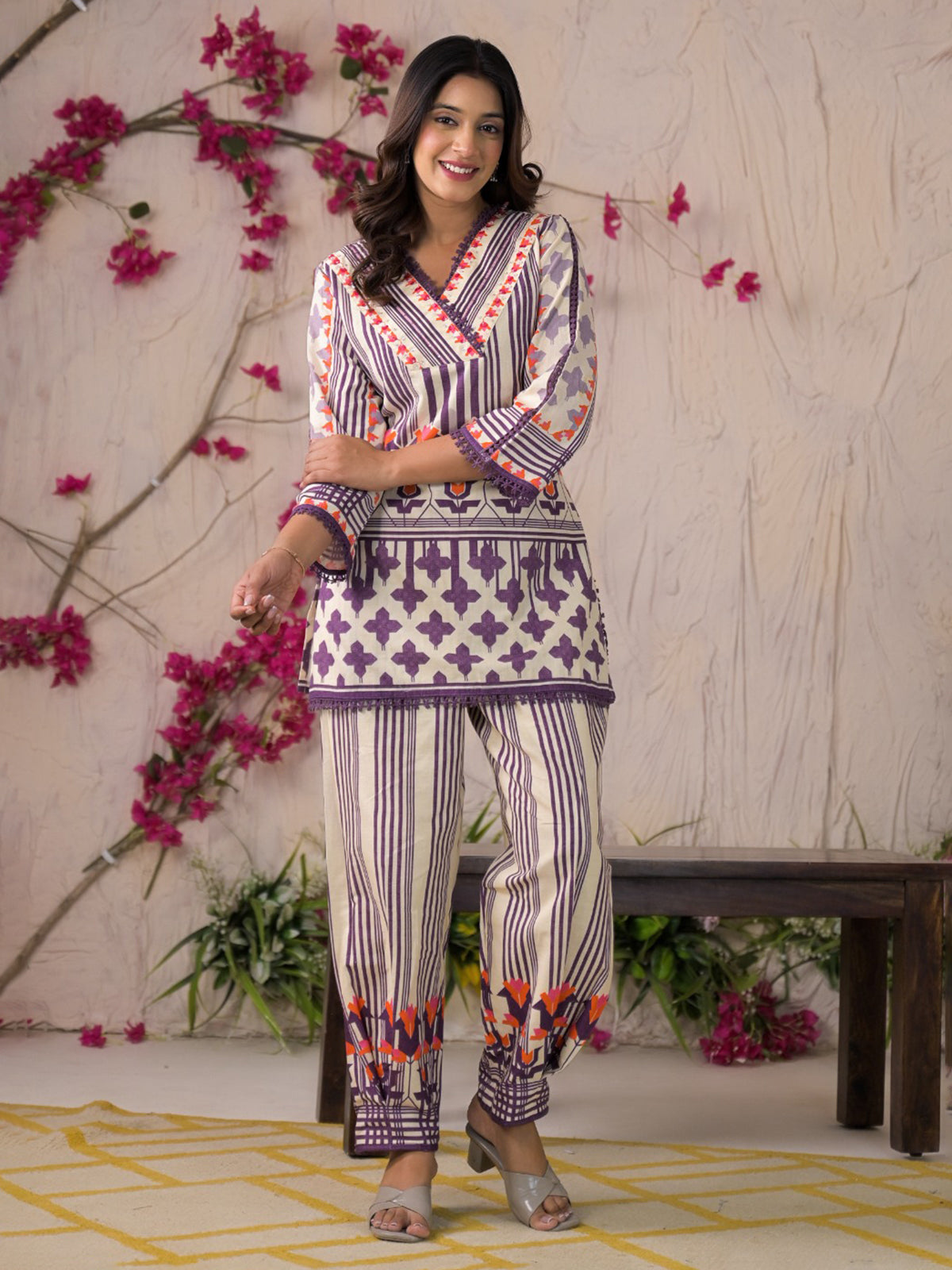 Purple silk festive kurti set with printed