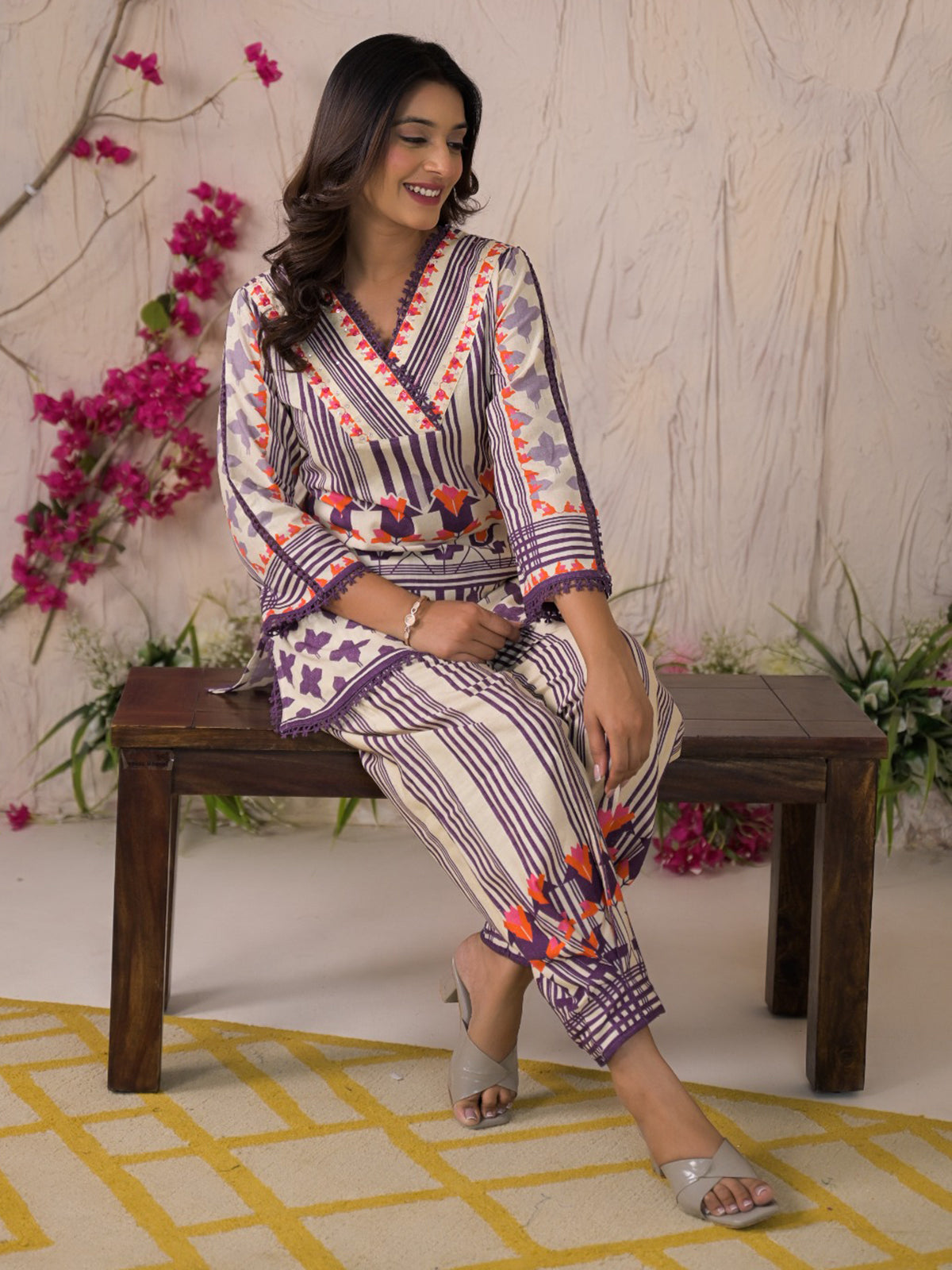 Purple silk festive kurti set with printed