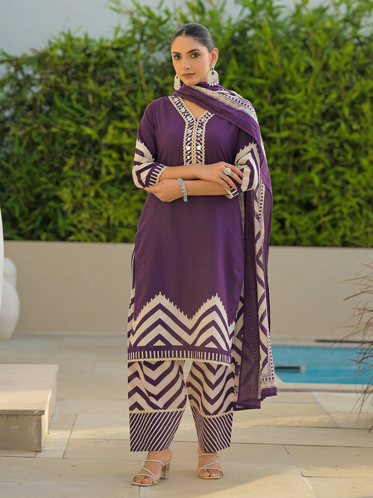 Purple silk mirror embellished kurti set