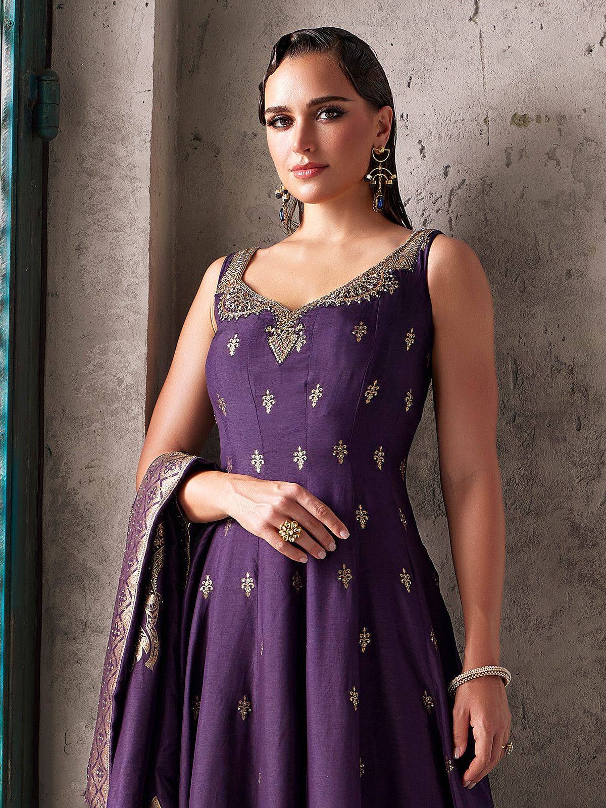 Purple silk pakistani palazzo suit with artisanal luxe detailing