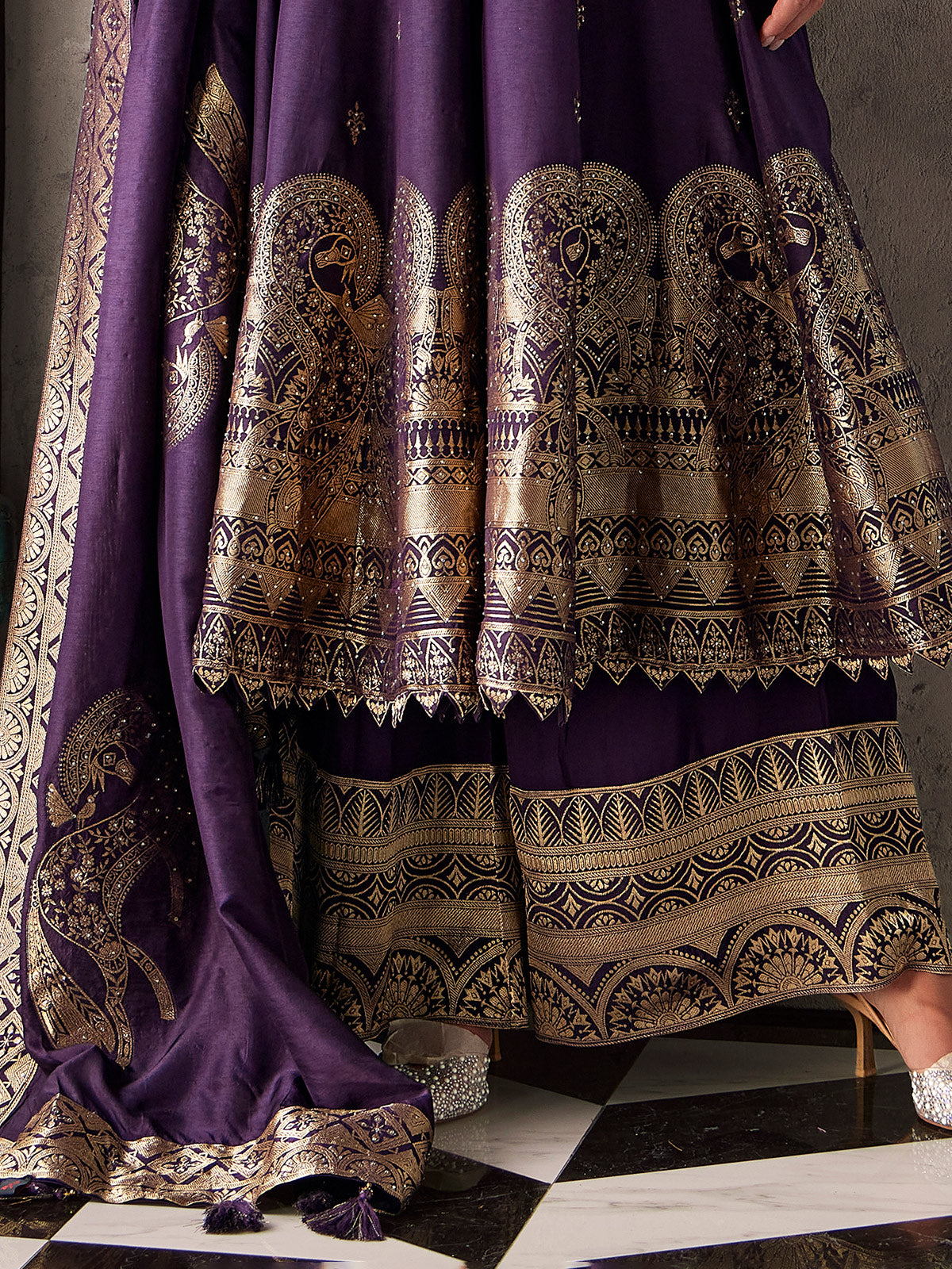 Purple silk pakistani palazzo suit with artisanal luxe detailing