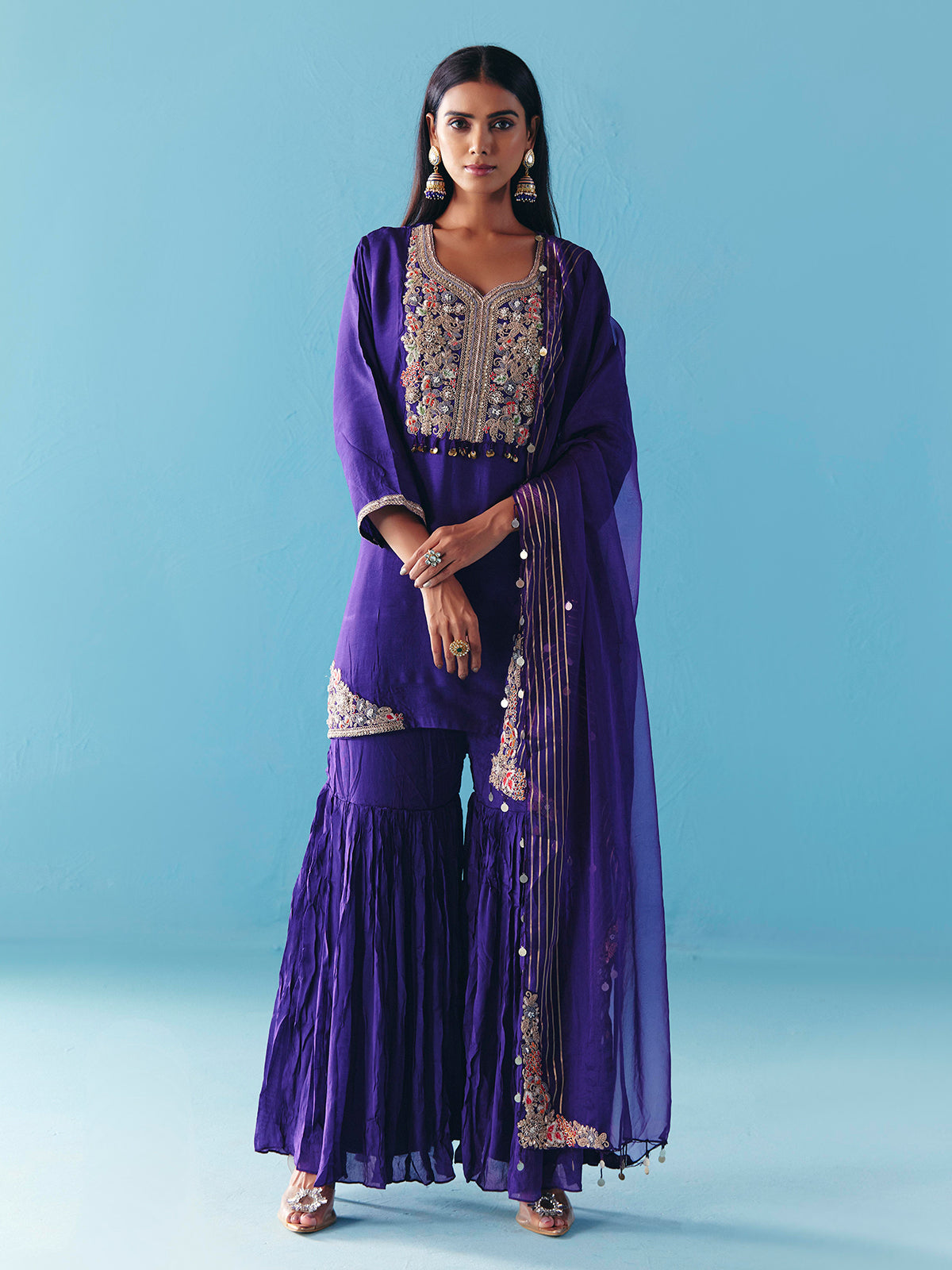 Purple silk pakistani sharara suit with dupatta