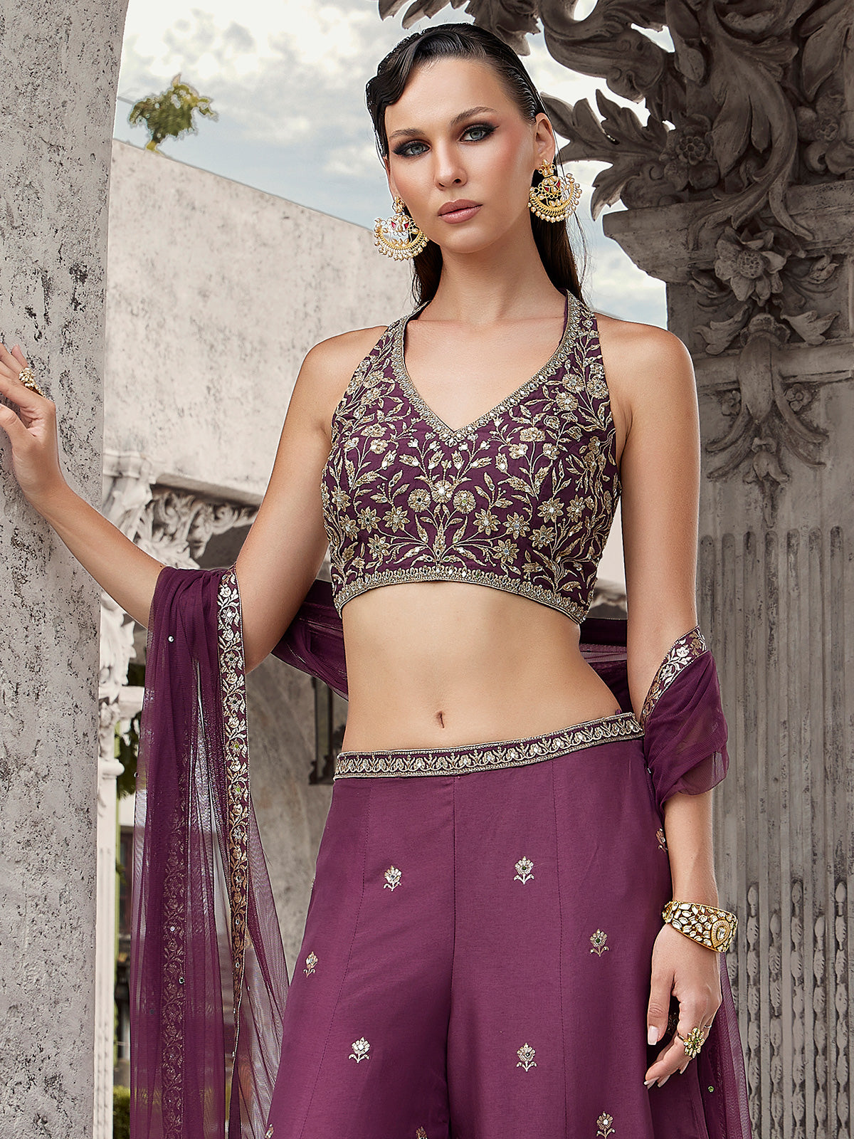 Purple silk palazzo suit with mirror and zari royal embellishment
