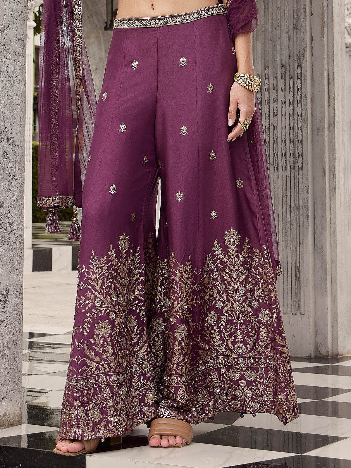 Purple silk palazzo suit with mirror and zari royal embellishment