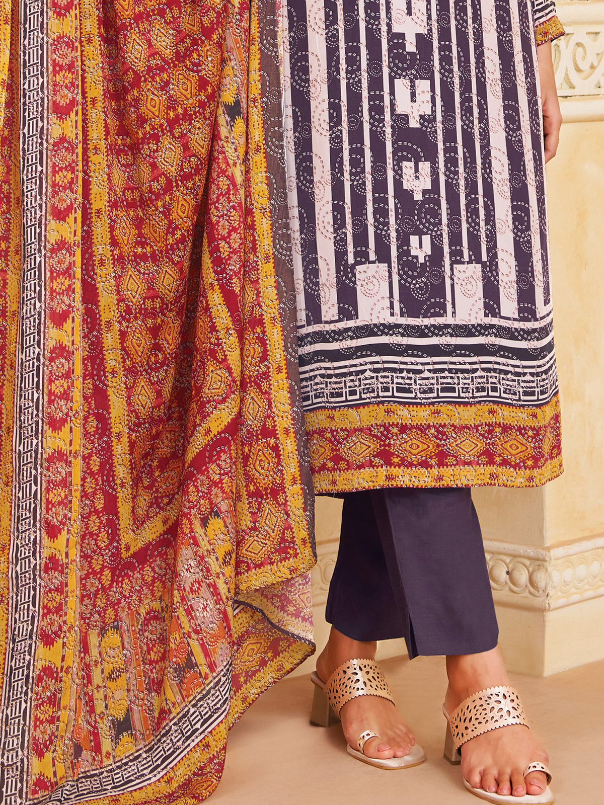 Purple silk printed straight cut festive salwar suit