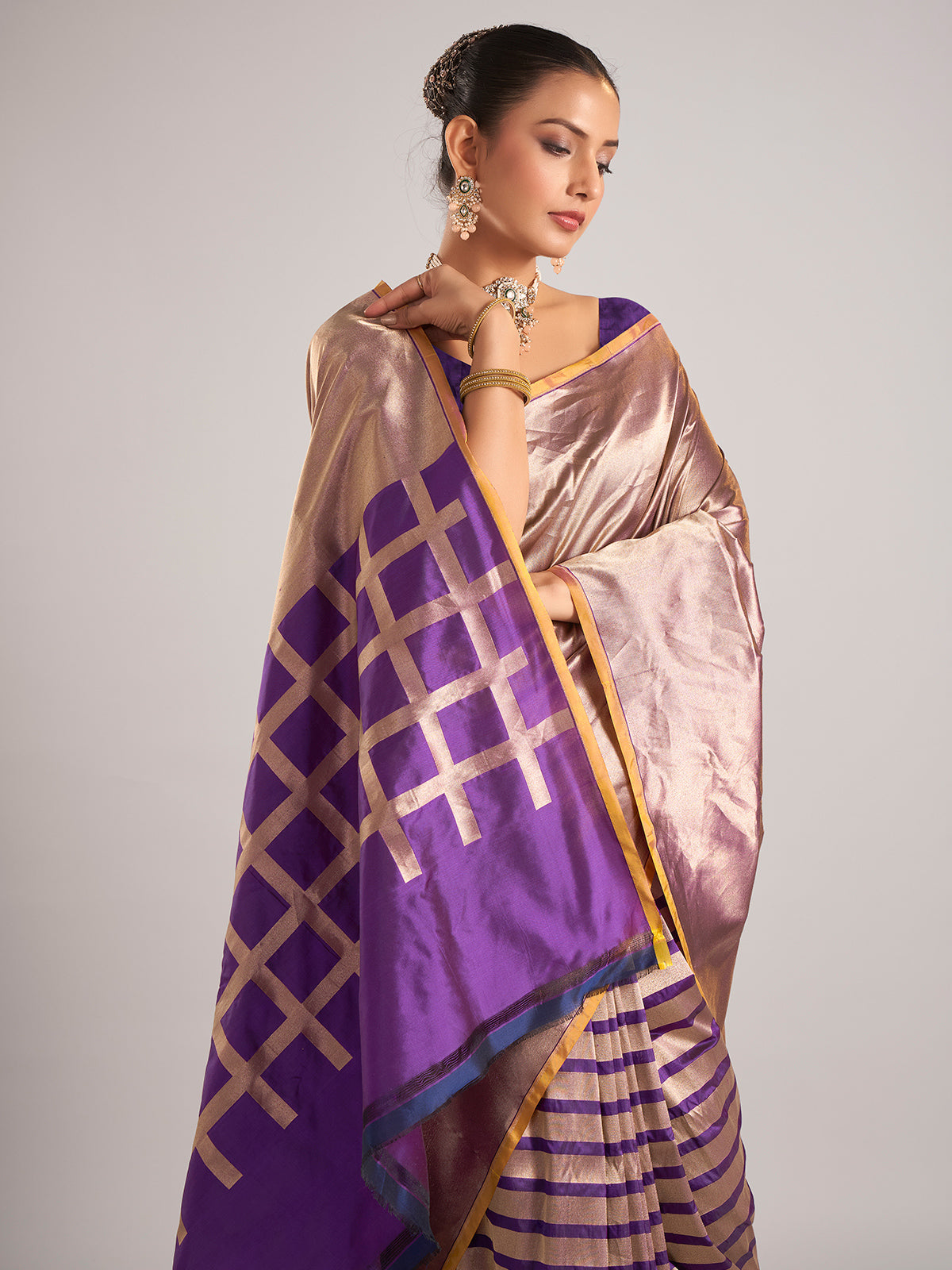 Purple silk unstitched blouse piece with zari weaving for women