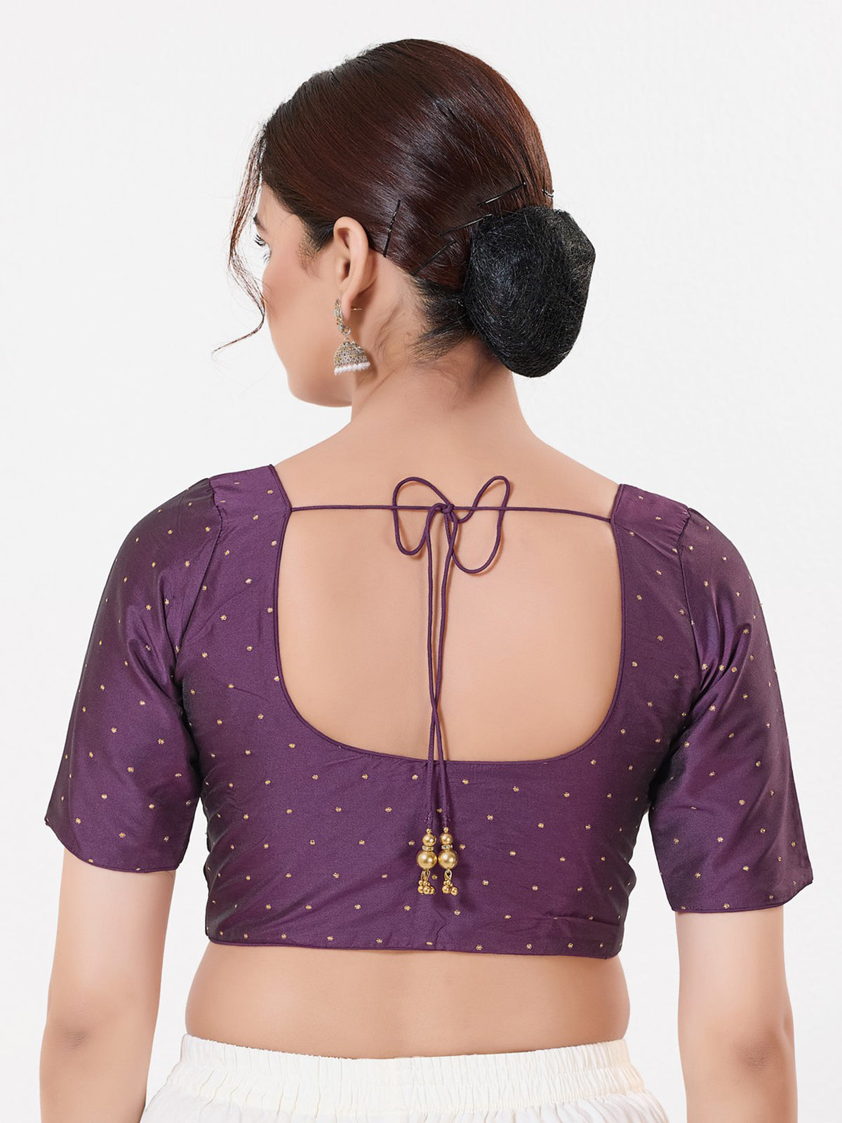 Purple tafeta silk zari round neck blouse