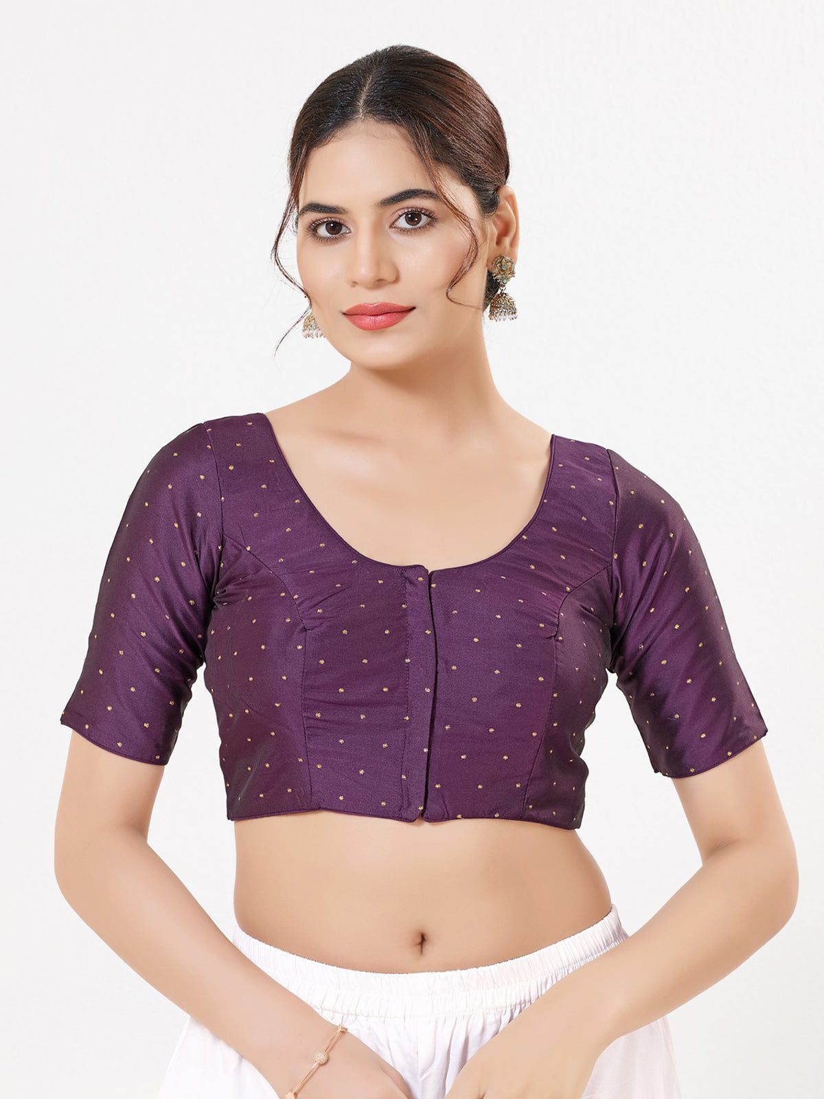 Purple tafeta silk zari round neck blouse