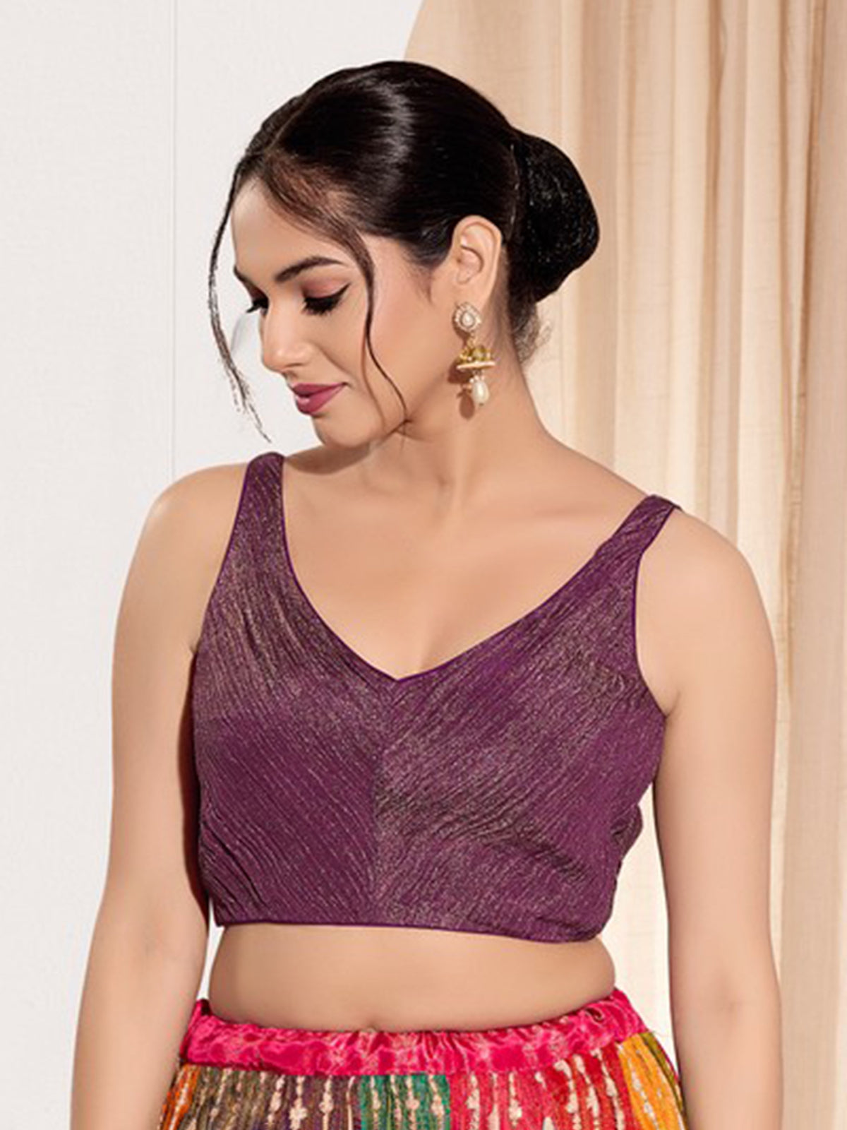Purple tissue silk sleeveless sweetheart neck blouse
