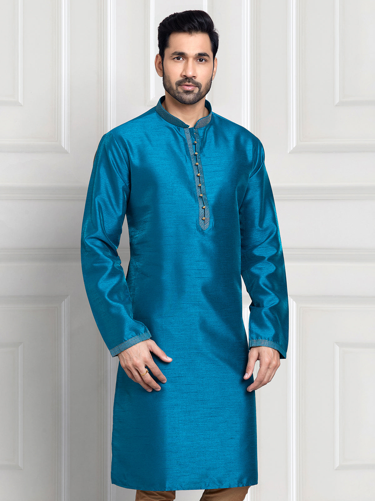 Rama blue plain cotton silk kurta suit