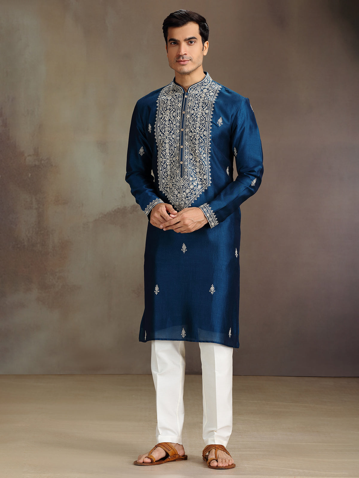 Rama blue silk embroidered kurta suit for festive celebration