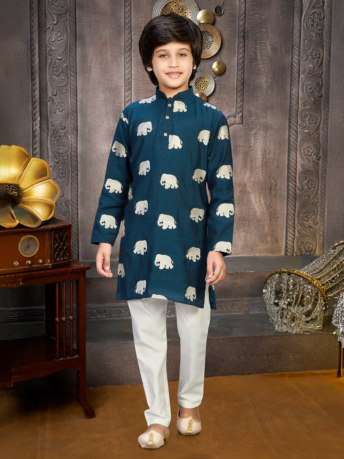 Rama blue silk kurta suit for boys with embroidery