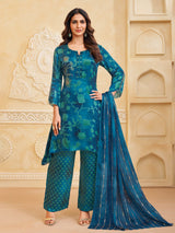 Rama blue silk printed salwar suit with sequins work