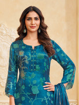 Rama blue silk printed salwar suit with sequins work