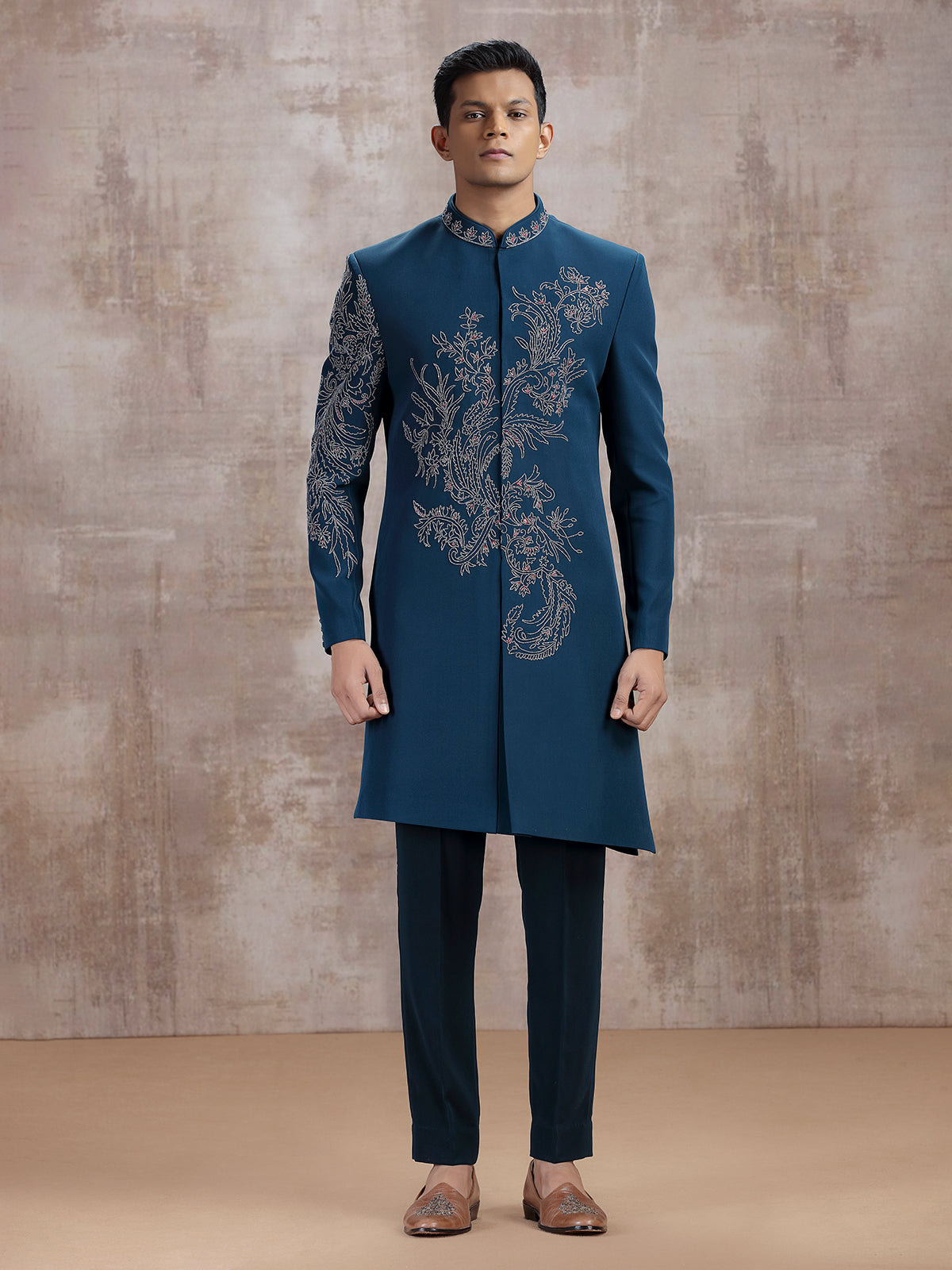 Rama blue terry rayon indo western with beads work