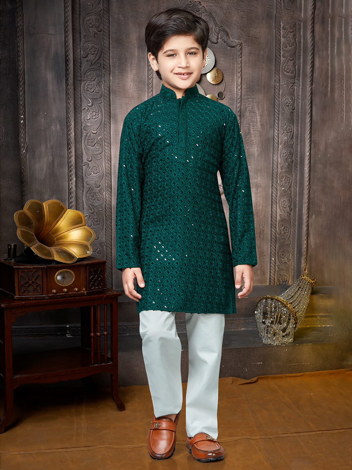 Rama green georgette sequins kurta suit for boys