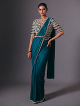 Rama green lycra saree with heavy work detailing