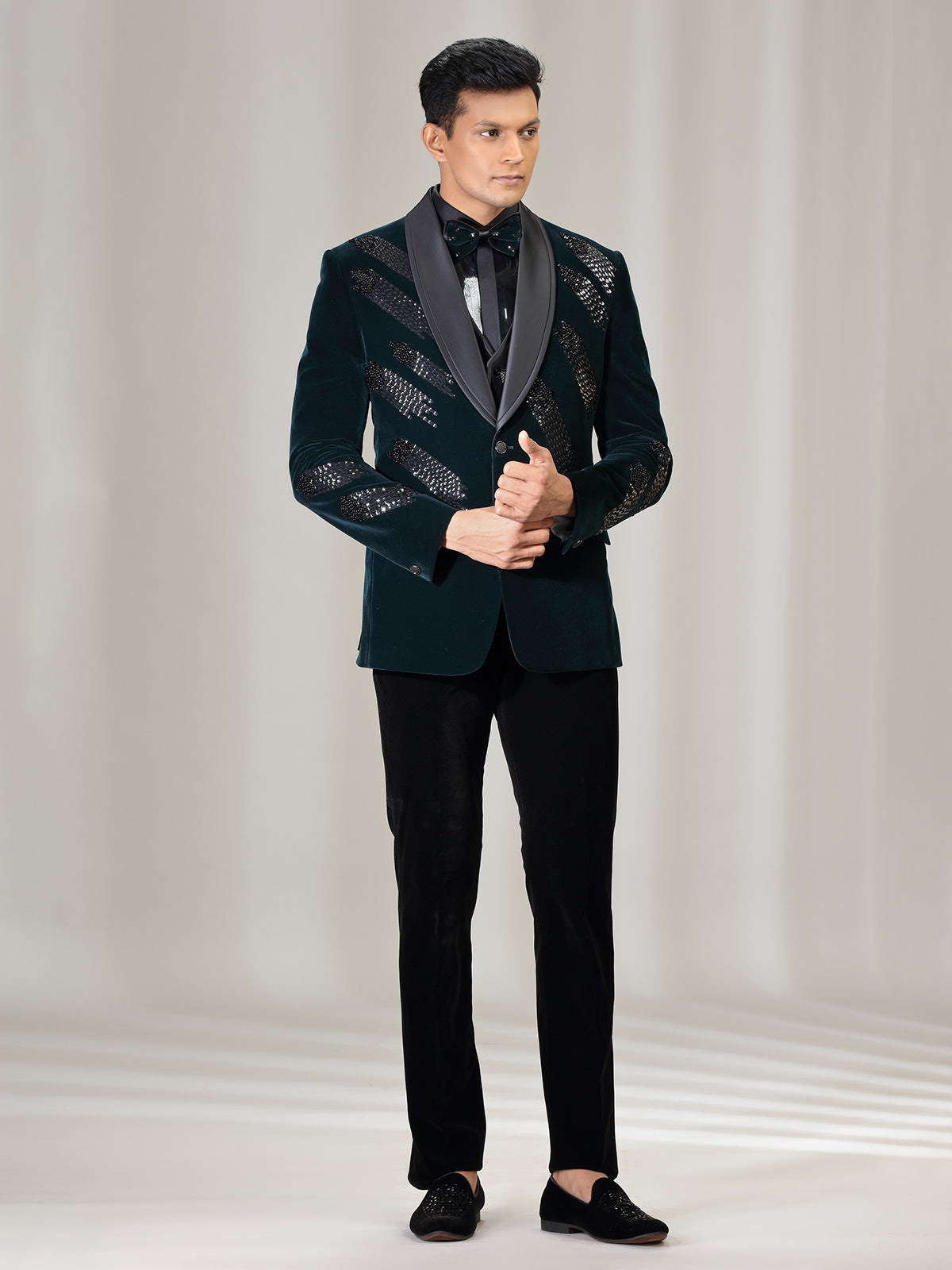 Rama green velvet coat suit with reception wear