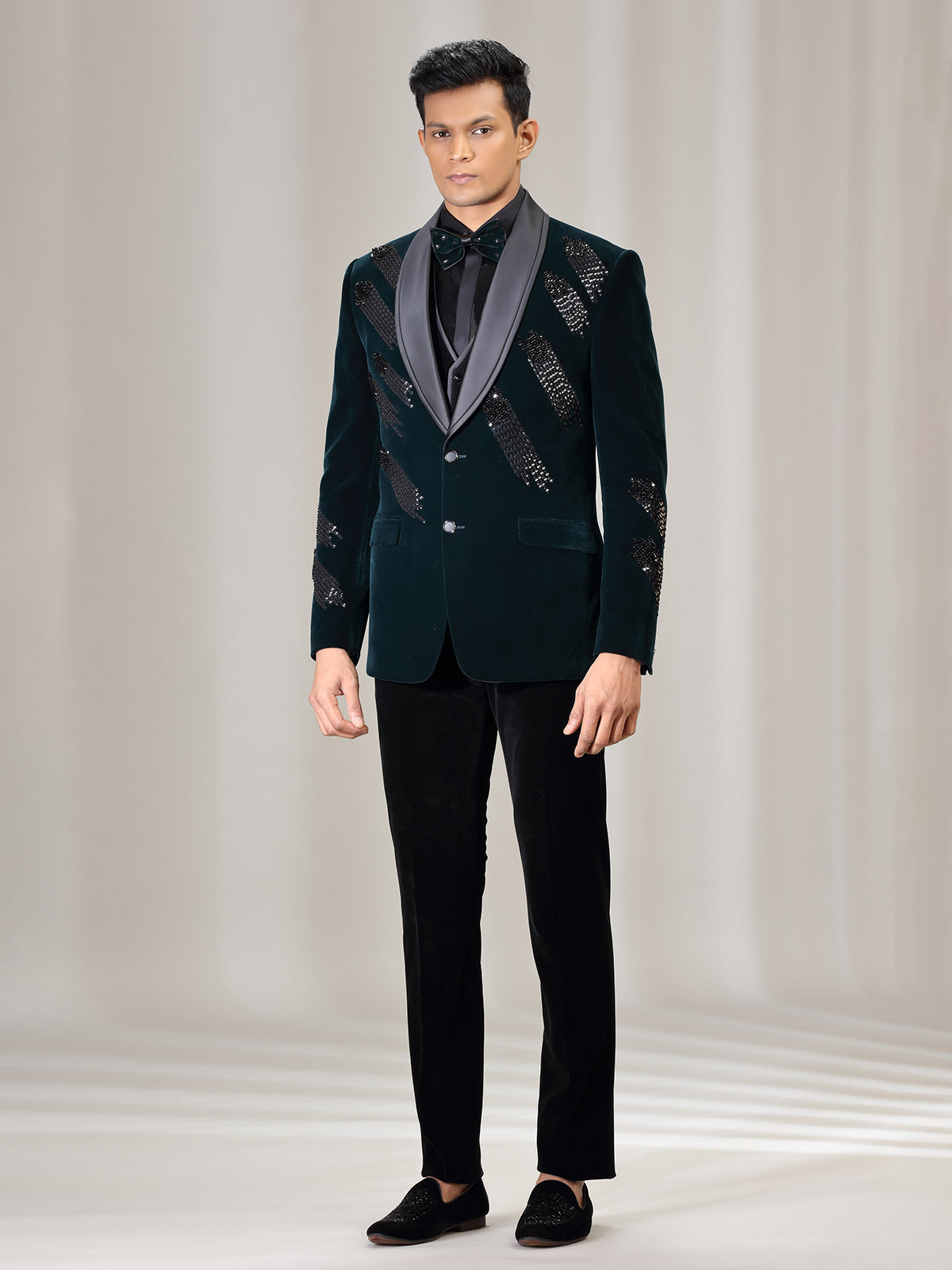 Rama green velvet coat suit with reception wear