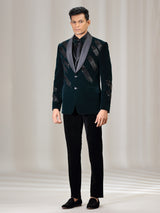Rama green velvet coat suit with reception wear