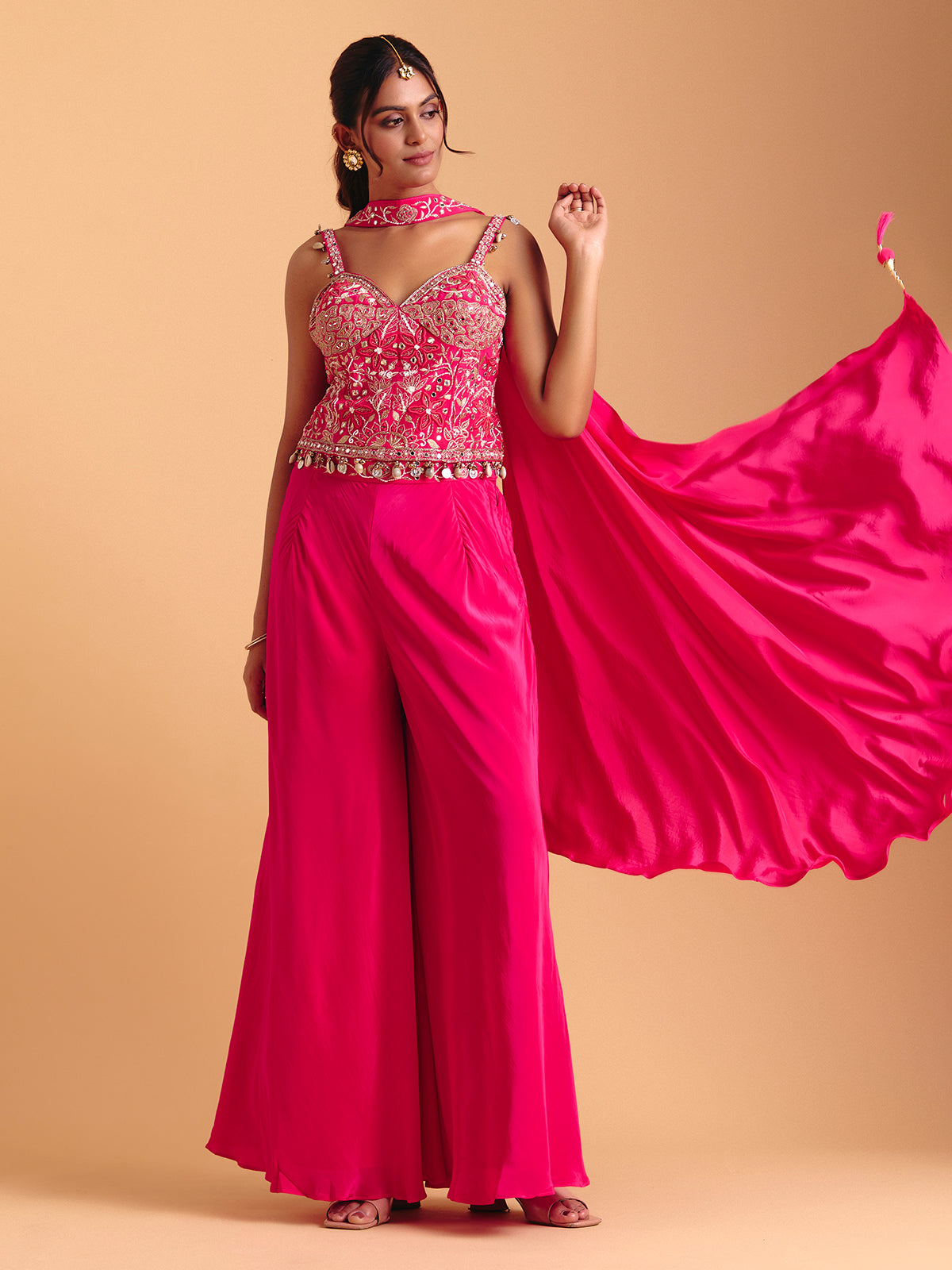 Rani pink satin silk palazzo suit with dupatta
