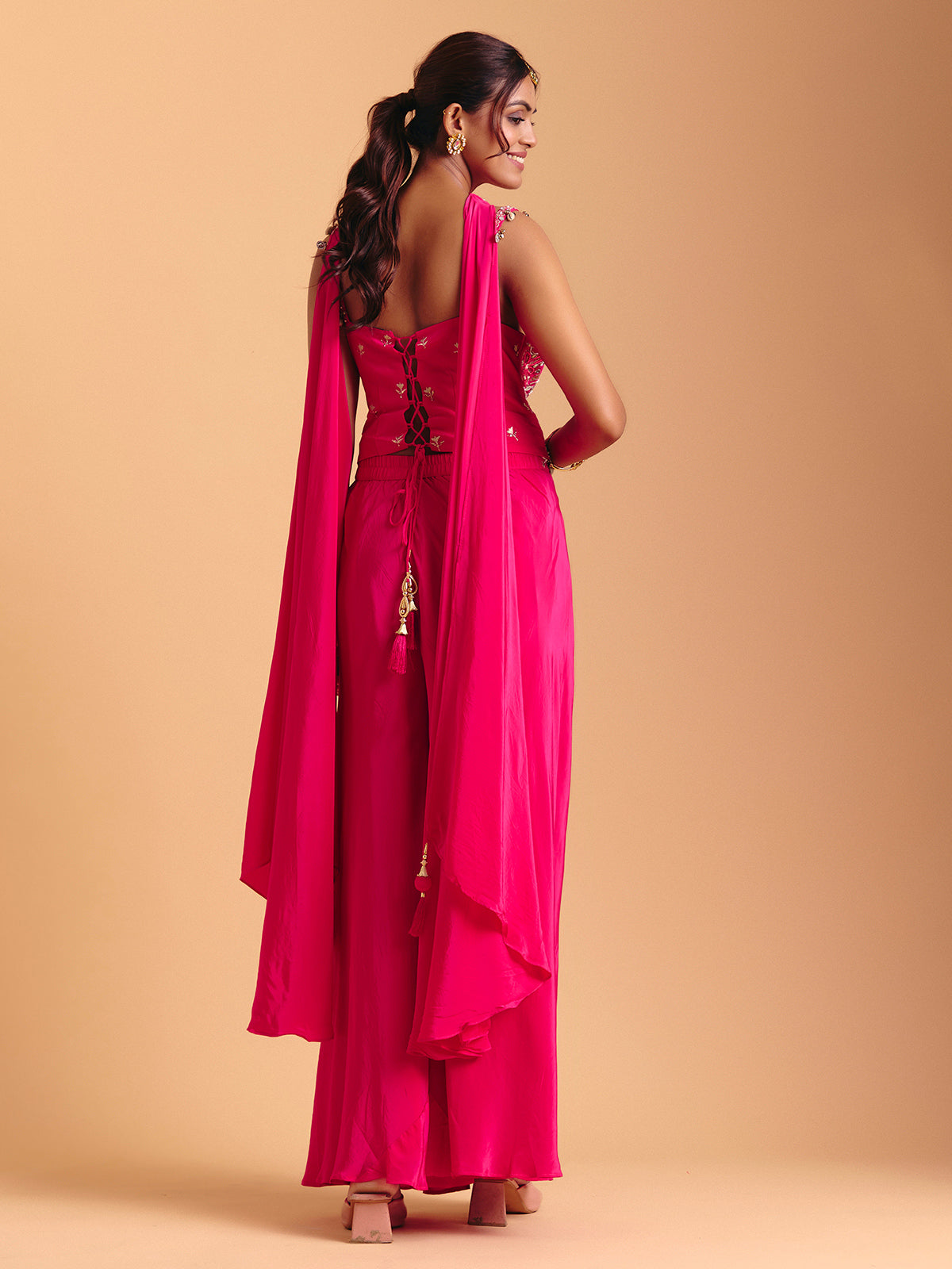Rani pink satin silk palazzo suit with dupatta