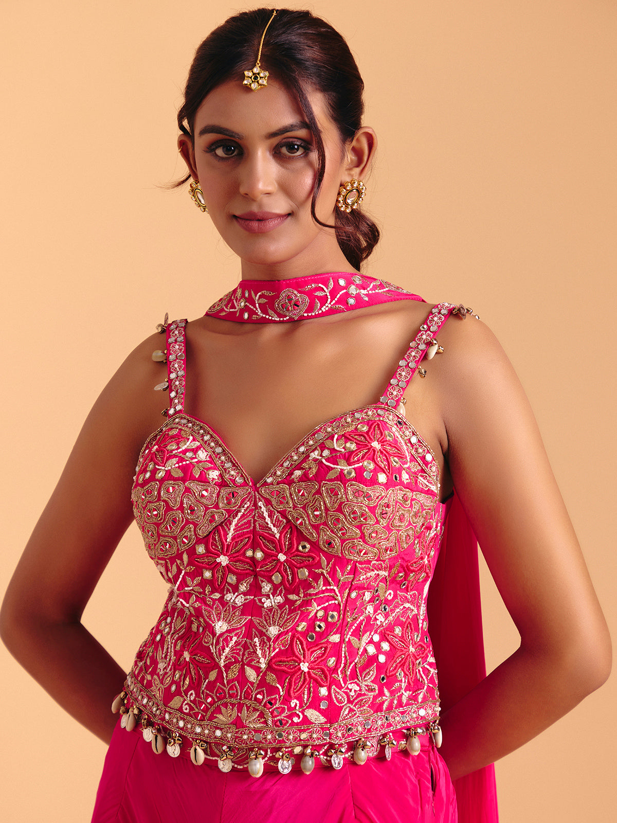 Rani pink satin silk palazzo suit with dupatta