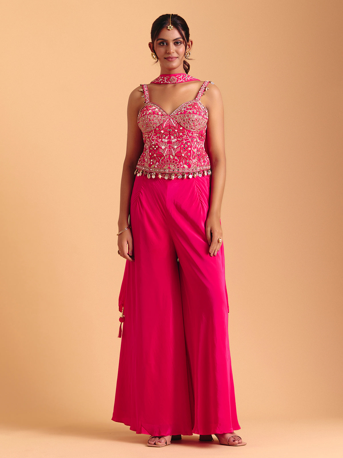 Rani pink satin silk palazzo suit with dupatta