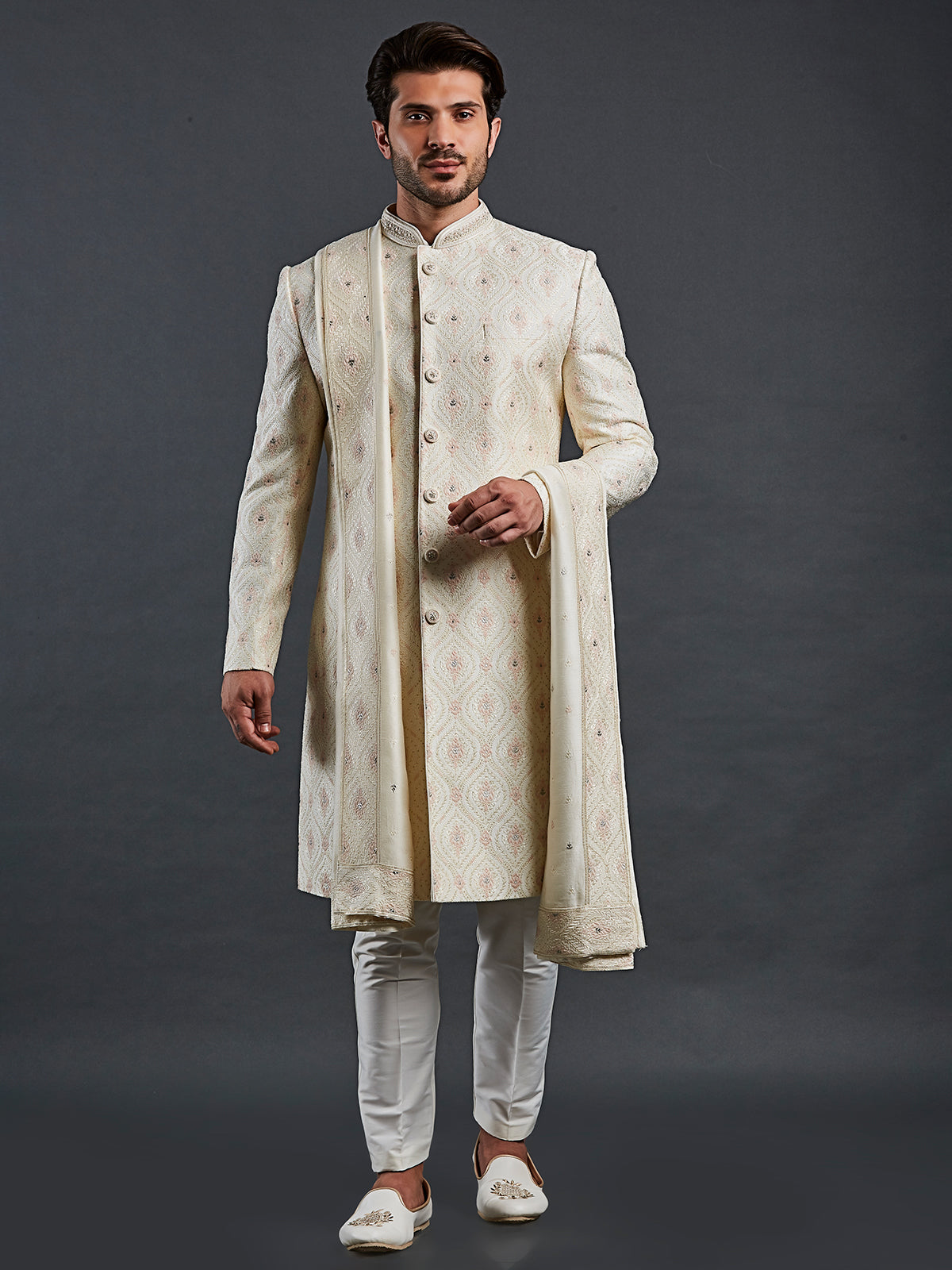 Raw silk cream sherwani resham embellishment