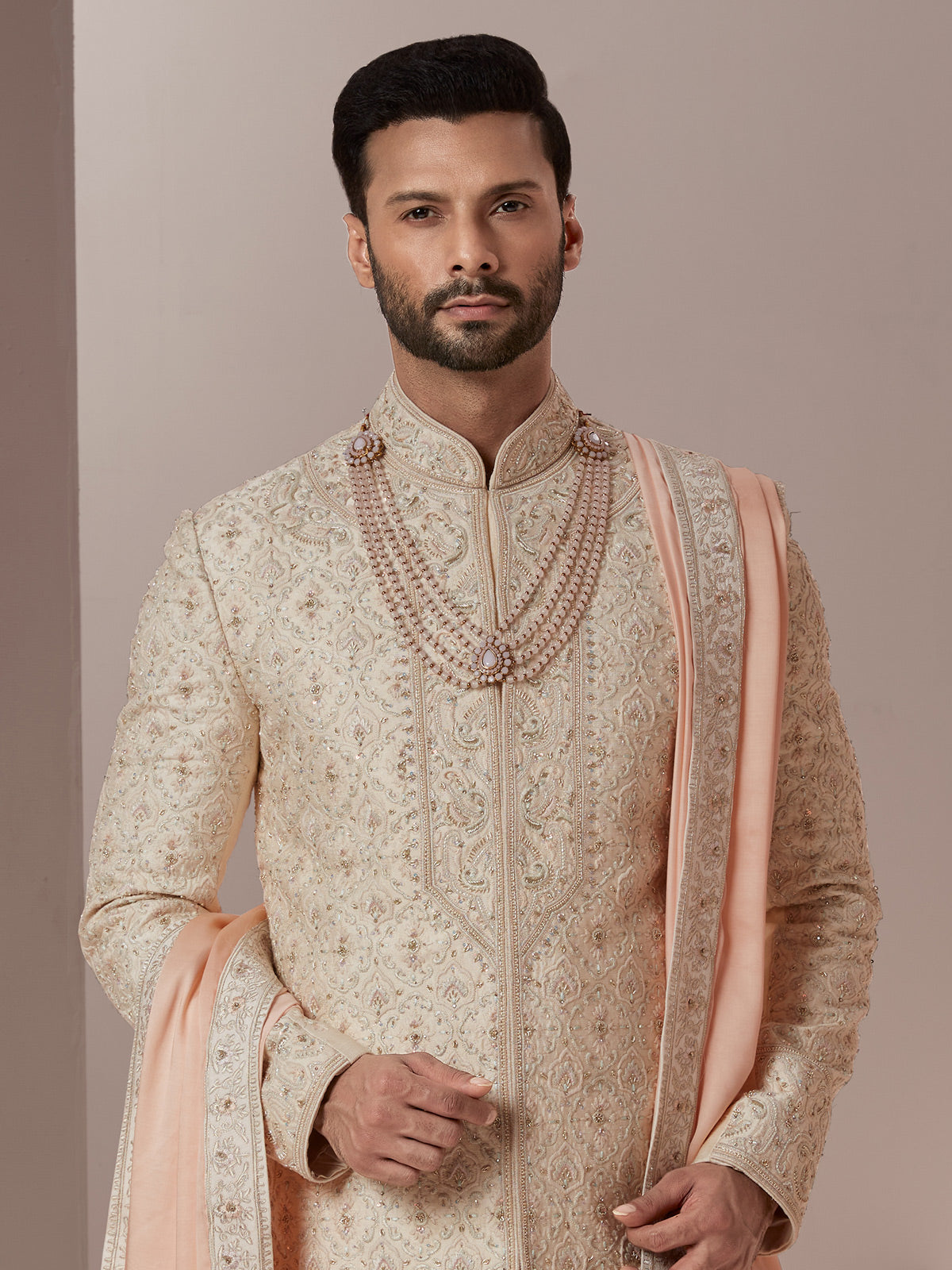 Raw silk fabric peach hue sherwani for groom