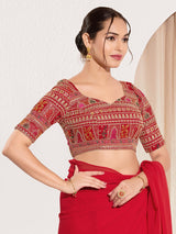Red brocade blouse with embroidery and sequins work