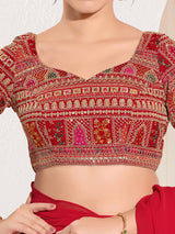 Red brocade blouse with embroidery and sequins work